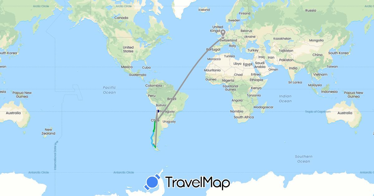 TravelMap itinerary: driving, bus, plane, hiking, boat in Chile, France (Europe, South America)